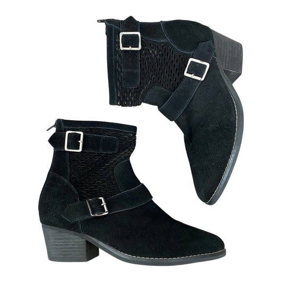 🍒SOLD🍒JEFFREY CAMPBELL Black Suede Mesh Buckle Booties Sz 9.5 - Picture 2 of 6